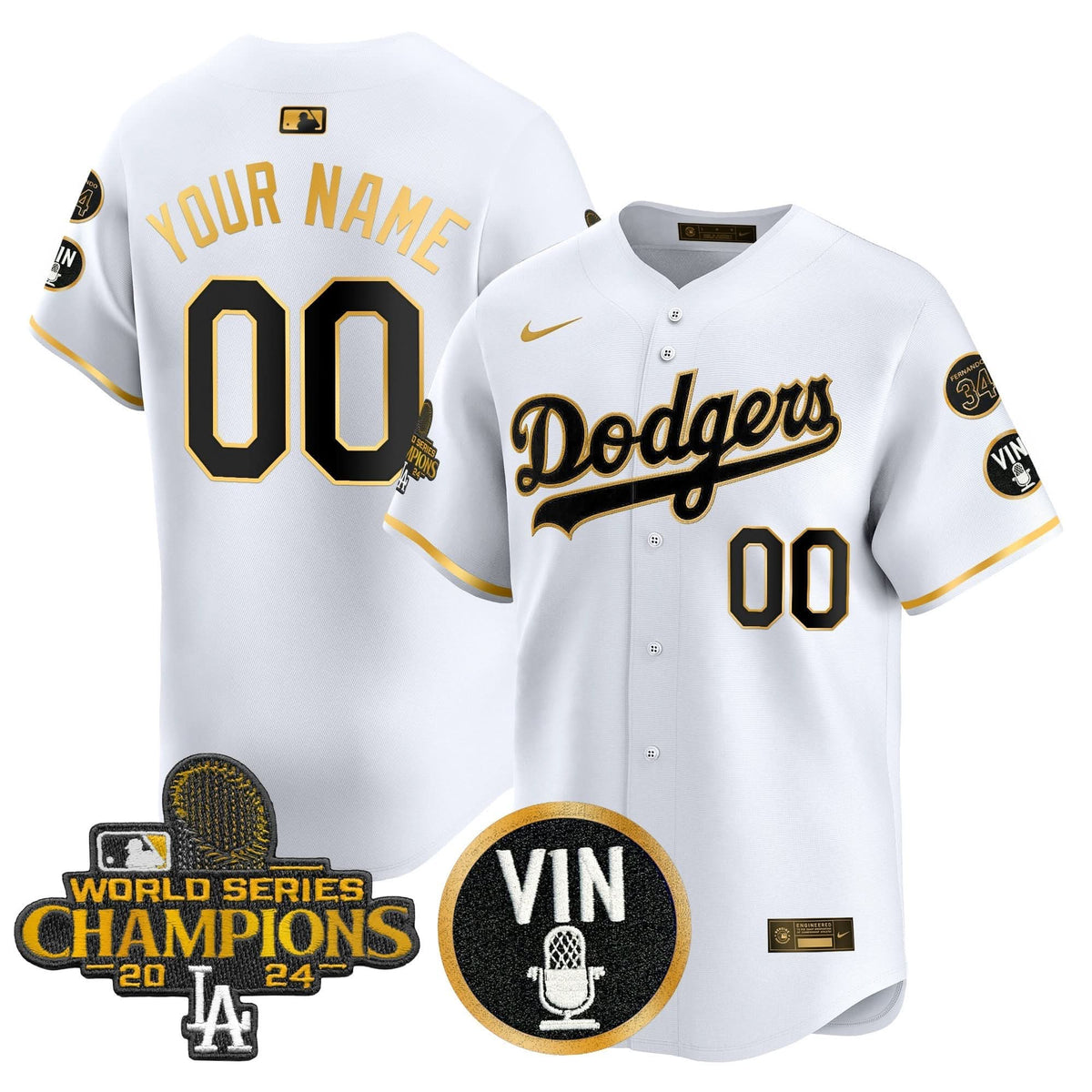 LAD 2025 Vin Scully & #34 Fernando Patch Gold Vapor Premier Limited Custom Jersey - Stitched
