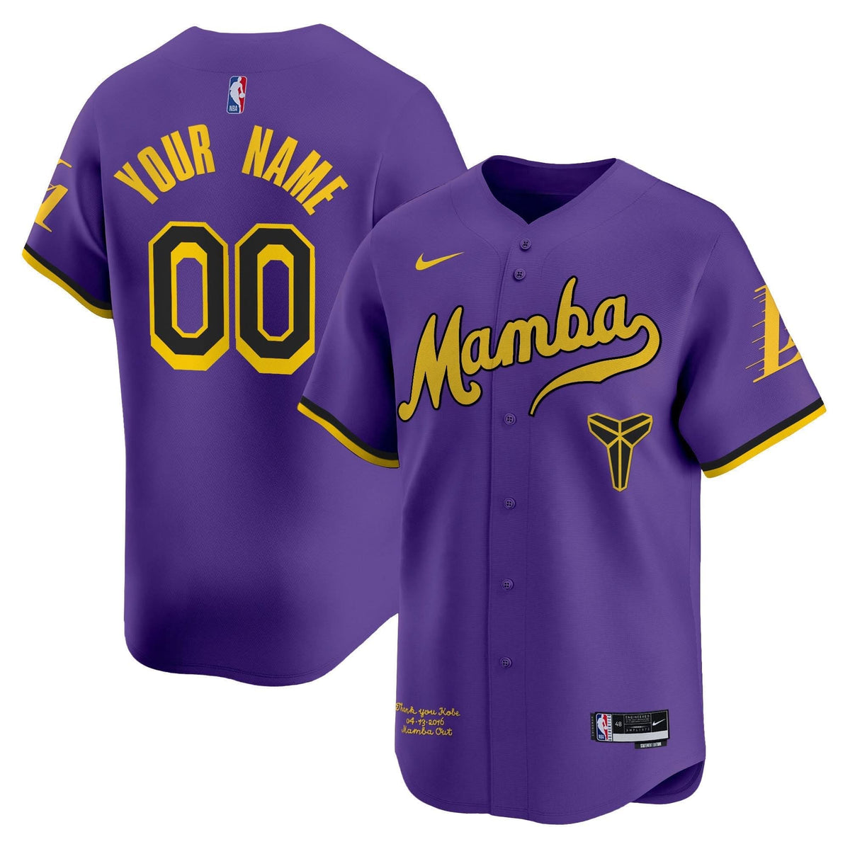 LAL Kobe Bryant Mamba Vapor Baseball Custom Jersey - Stitched